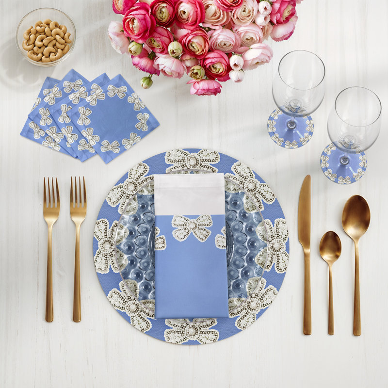 Serviettes de cocktail en satin de coton Pearl Bow, Bleu