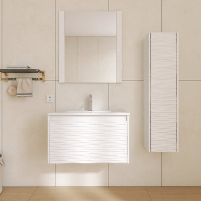 Ensemble de meuble-lavabo mural 30 po avec plateau en céramique, miroir et armoire latérale - Conception ondulée, fermeture en douceur et finition imperméable à 5 couches