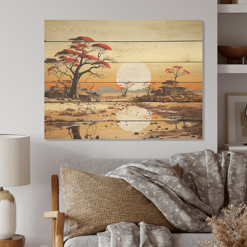 Paysage africain, coucher de soleil - Art mural en bois d'Afrique sur bois de pin naturel, H 10 po x l 20 po