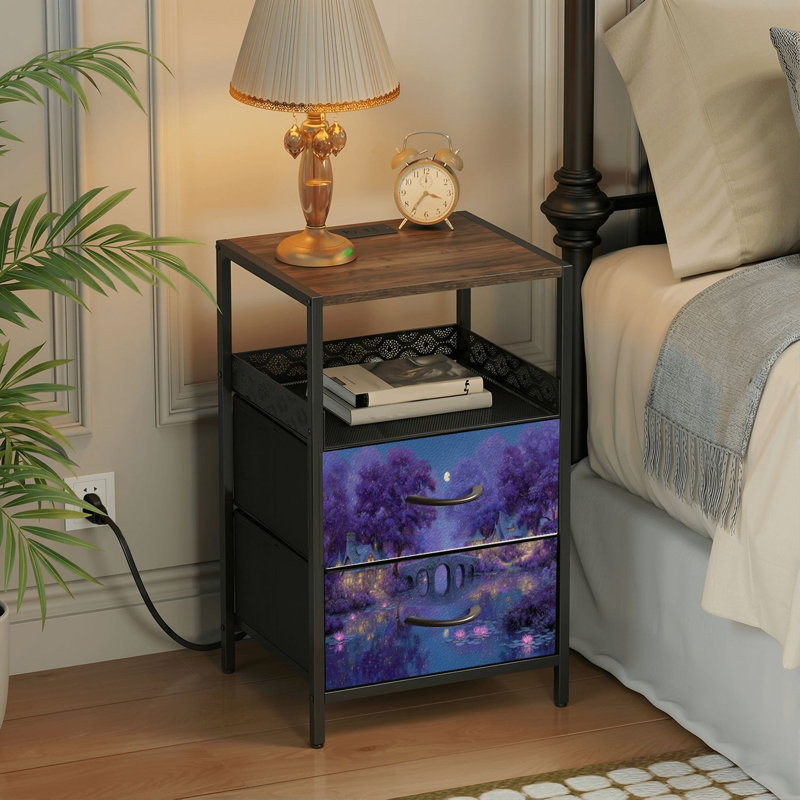Table de chevet 2 tiroirs avec station de charge, table de chevet pour chambre à coucher avec ports USB, tablette ouverte noire, table de chevet avec pont Serene