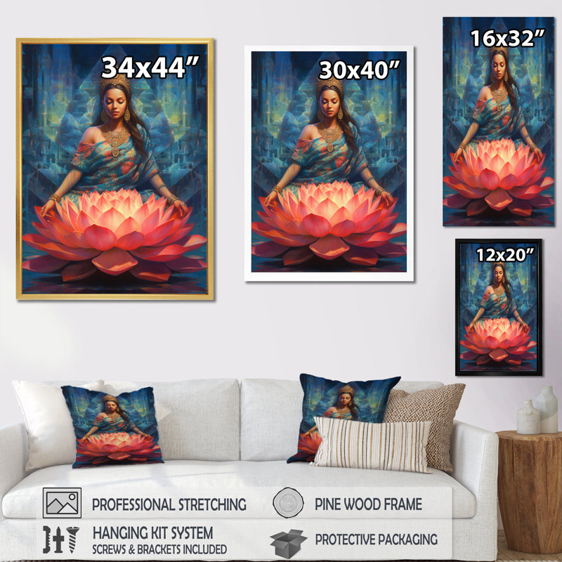 Bleu, bleu, yoga, lotus, femme, H 32 po x l 24 po, Cadre flottant doré