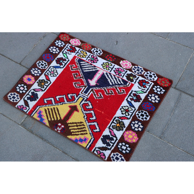 Tapis turc rétro tissé à la main: tapis de salle de bain anatolien rouge et accessoire de porte adorable