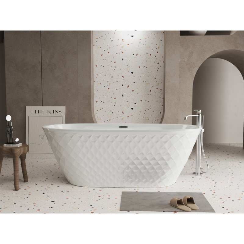 Baignoire autoportante 59 po en acrylique avec motif à losanges unique: forme ovale spacieuse, finition blanc brillant, débordement de chrome et bonde escamotable certifiée CUPC