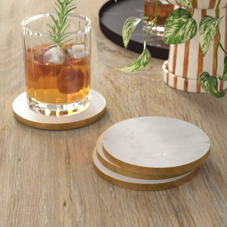 Set Of 4 Two Tone Natural Marble Coasters For Drinks ~ Round