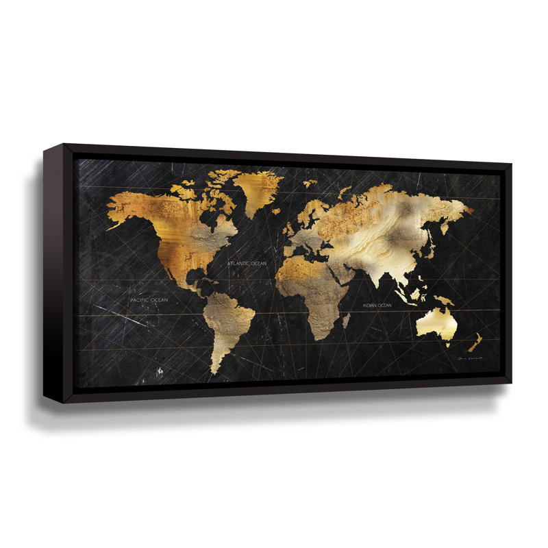 Dramatic World Map Crop - peinture sur toile, Cadre noir, H 24 po x l 48 po x P 2 po