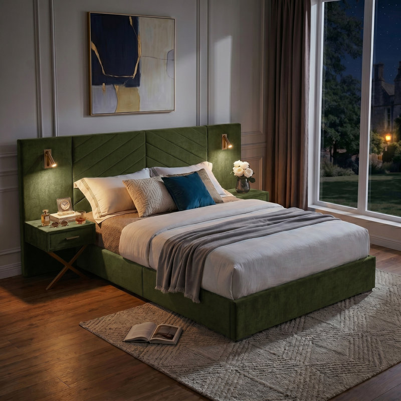 Lit plateforme tapissier Modern, Queen, Light Green