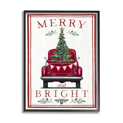 «Merry & Bright Christmas Tree In Truck Rustic Botanicals», estampe numérique encadrée noire par Elizabeth Tyndall