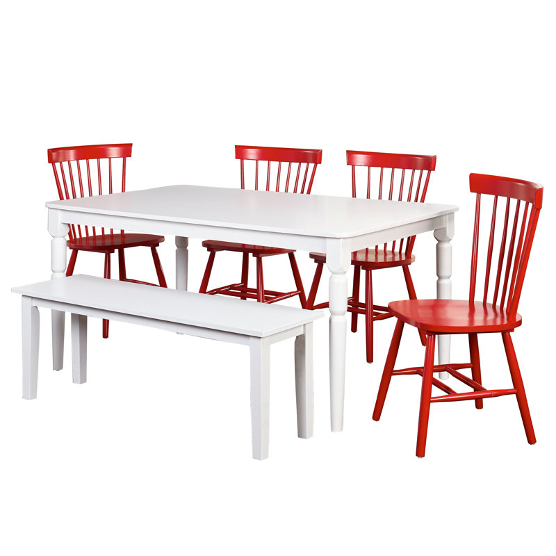 Aulii 6 - Piece Rectangle Table, Bench, Windsor Chairs Dining Set, Red