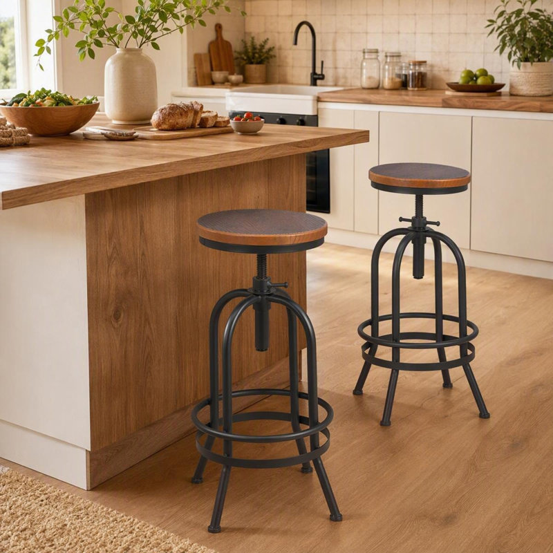 Shaylee Swivel Pine Solid Wood Adjustable Height Counter Stool with Iron Frame, Black, 2