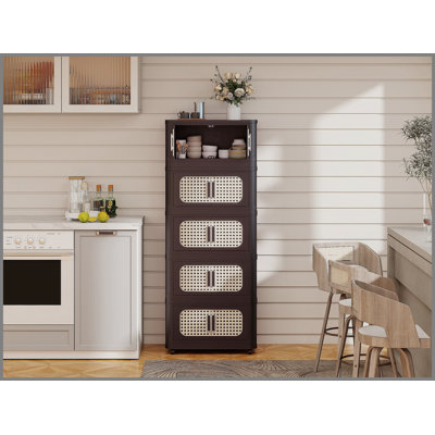 Armoire de rangement pliante rétro brune de 20 pouces de large avec 4 niveaux, bacs pliables, porte magnétique et roulettes pour une mobilité facile