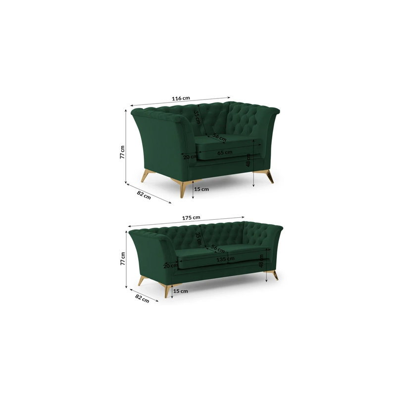 Whitby 2 - Piece Velvet Living Room Set, Bottle Green, Gold