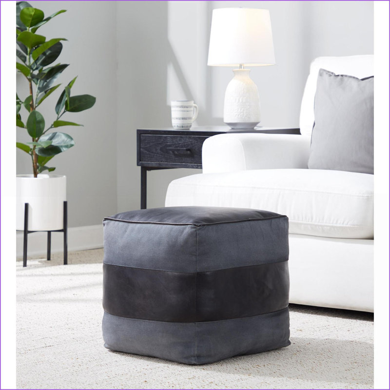 Ottoman, Industrial Black Leather &amp; Charcoal Gray Canvas Pouf by LumiSource | Extra Seating | Charcoal Gray Canvas | Black Leather