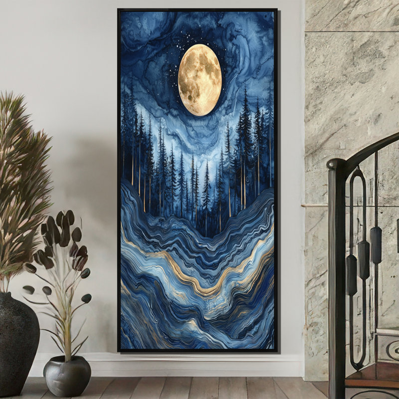 Gihan Moon au-dessus de la forêt de pierre Safire - Art mural lune pour le salon, H 60 po x l 28 po, Noir