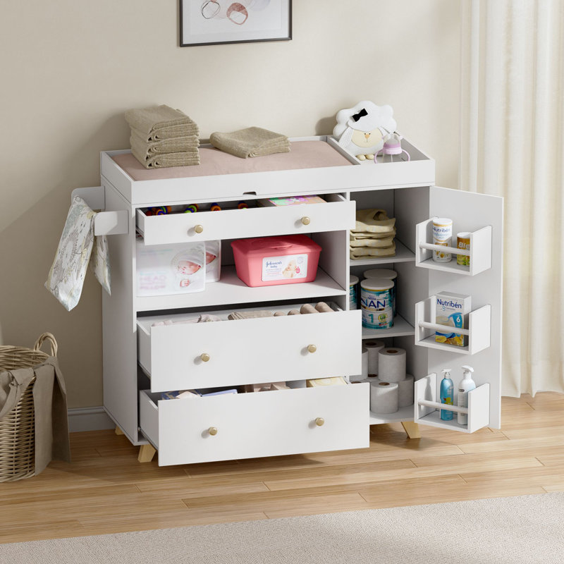 Albiery Changing Table Dresser, Asymmetrical 3 Drawer / 1 Door Dresser