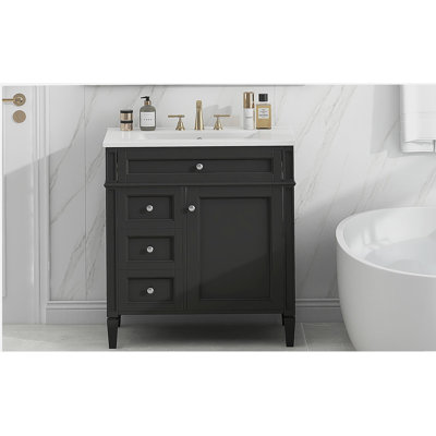 30'' Bathroom Vanity with Top Sink, Modern Bathroom Storage Cabinet with 2 Drawers and a Tip-out Drawer, Single Sink Bathroom Vanity