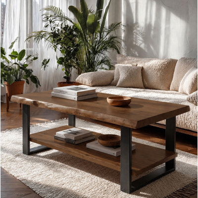 Table basse de 47,24 po en bois massif rustique, table de salon à 2 niveaux avec pieds en métal noir, table d'appoint de style campagnard industriel