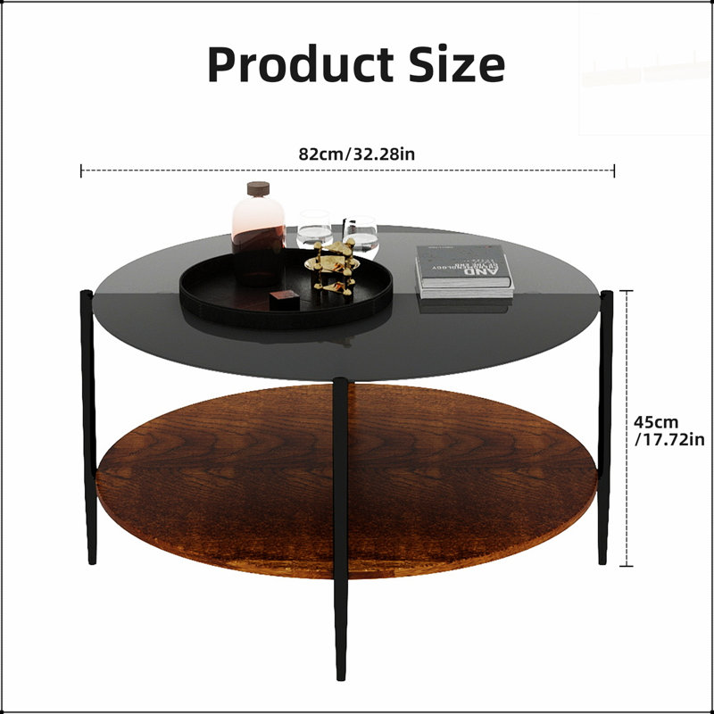 Table basse Mid-Century moderne avec plateau en verre et tablette en bois, structure en métal noir, conception peu encombrante