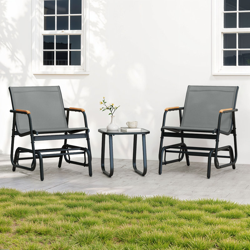 2-Person Gliding Rocking Chairs & Bistro Tea Table Garden Swing Seat Patio, Gray