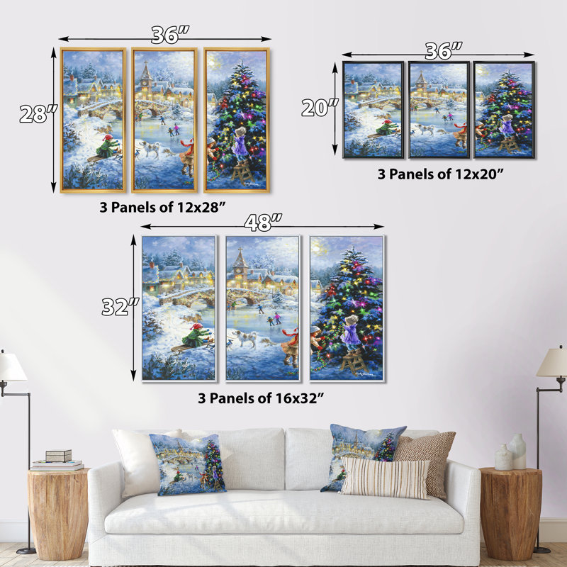 Arbre de Noël décoratif traîneau pour enfants - ensemble d'art mural sur toile traditionnel encadré de 3, L 36 po x H 28 po