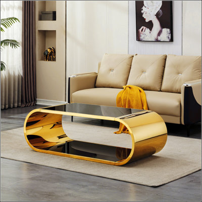 Table basse 57 po en acier inoxydable doré avec verre