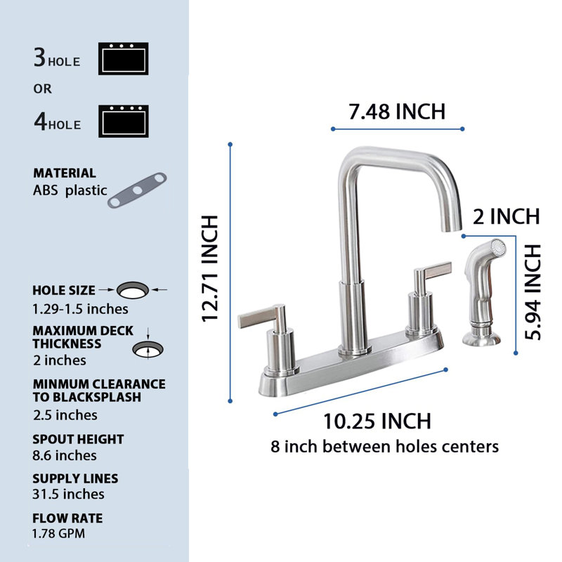 Kitchen Faucet With Spray Nozzle, Stainless Steel Kitchen Sink Faucet With Side Spray, 3 Or 4 Holes., Brushed Nickel
