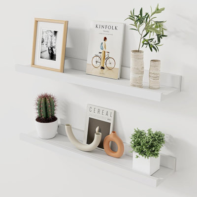 Tablette flottante en bois massif - Ensemble de 2 tablettes murales blanches pour livres, photos et décoration intérieure