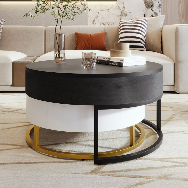 Tables basses gigognes modernes à plateau relevable avec 2 tiroirs blanc et noir