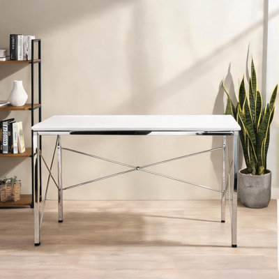 Writing Desk with White Finish and Chrome X-Frame, 47 W Rectangular Work Surface for Home Office
