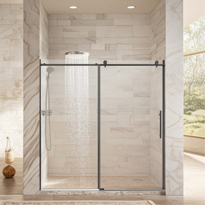 Porte de douche coulissante simple en acier inoxydable à tube rond de l 68 à 72 po x H 76 po, porte en verre trempé transparent de 3/8 po d'épaisseur (10 mm), installation réversible