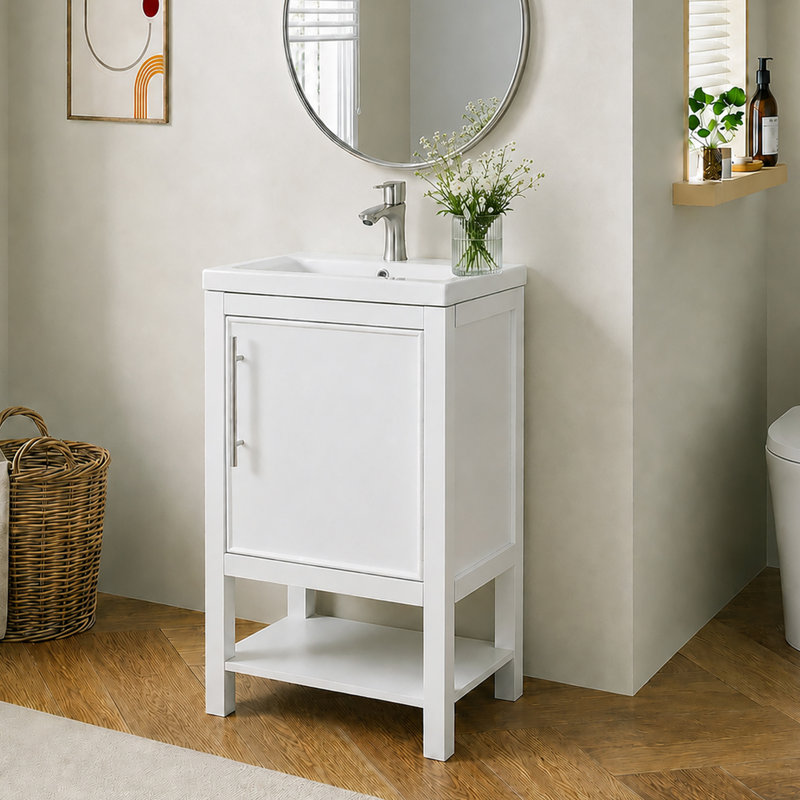 20" Shaker White Mini Freestanding Bathroom Vanity with Integrated Ceramic Sink & Soft‑Close Door