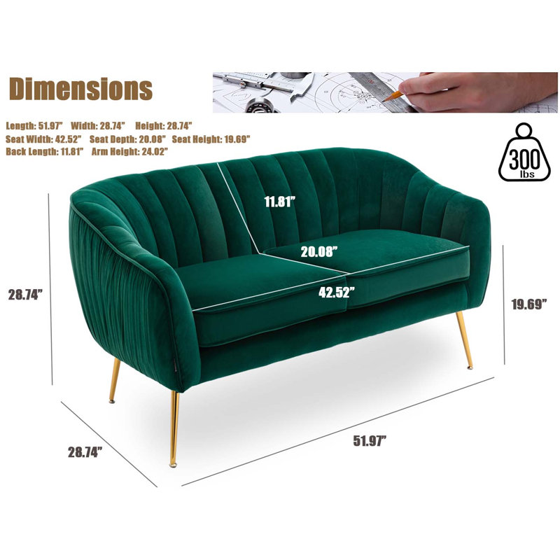 Velvet Sofa Couch With Gold Finished Legs, Green