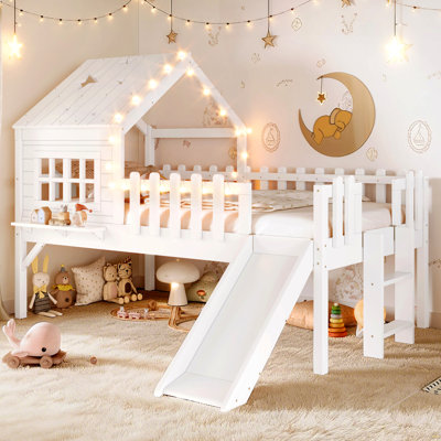 Twin Size House Loft Bed With Slide,Playhouse Bed With Star Moon-Shaped Designs And Window, Chic Design With LED Lights