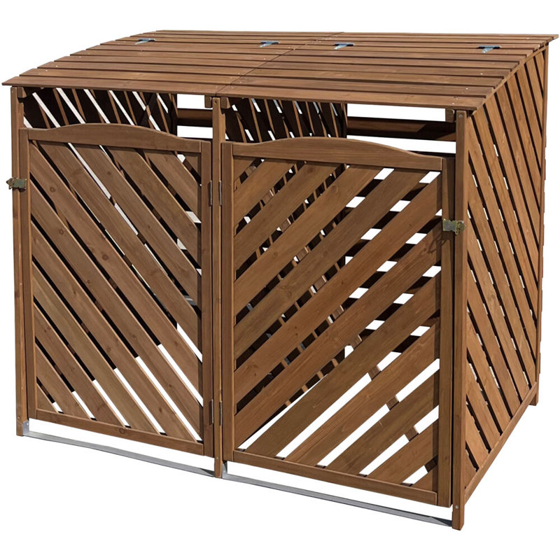 Brown Wooden Double Door Trash and Recyclables Bin Storage Shed