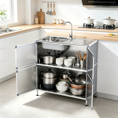 Stainless Steel Freestanding Sink Cabinet With Built-In Storage Cabinet, Versatile And Practical For Various Scenarios Such As Laundry Rooms, Outdoor Spaces, And Commercial Use.