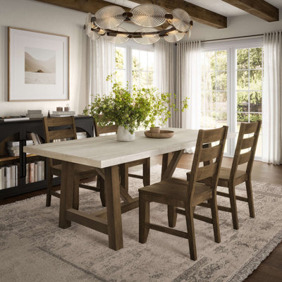 Portillo Five Piece Refined Rustic Modern 87 Inch Trestle Dining Set With Rung Back Chairs - Cortado