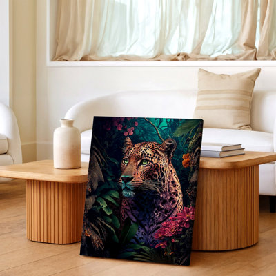 Leopard Floral Portrait Jungle Tropical Wildlife Canvas Wall Art Print, Decorative Artwork For Home Office Bedroom Living Room Hallway Gallery Decor, Room Accent, Decorative Picture
