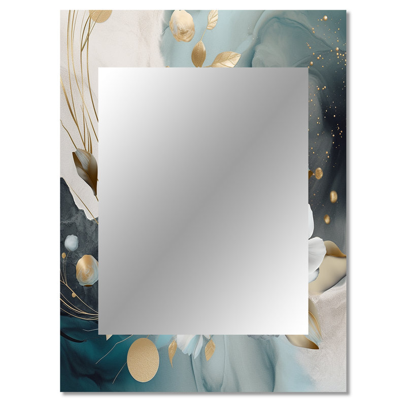 Blue Marble Gold Floral Impressions II - grand miroir floral, miroir mural décoratif traditionnel, impression d'art en métal