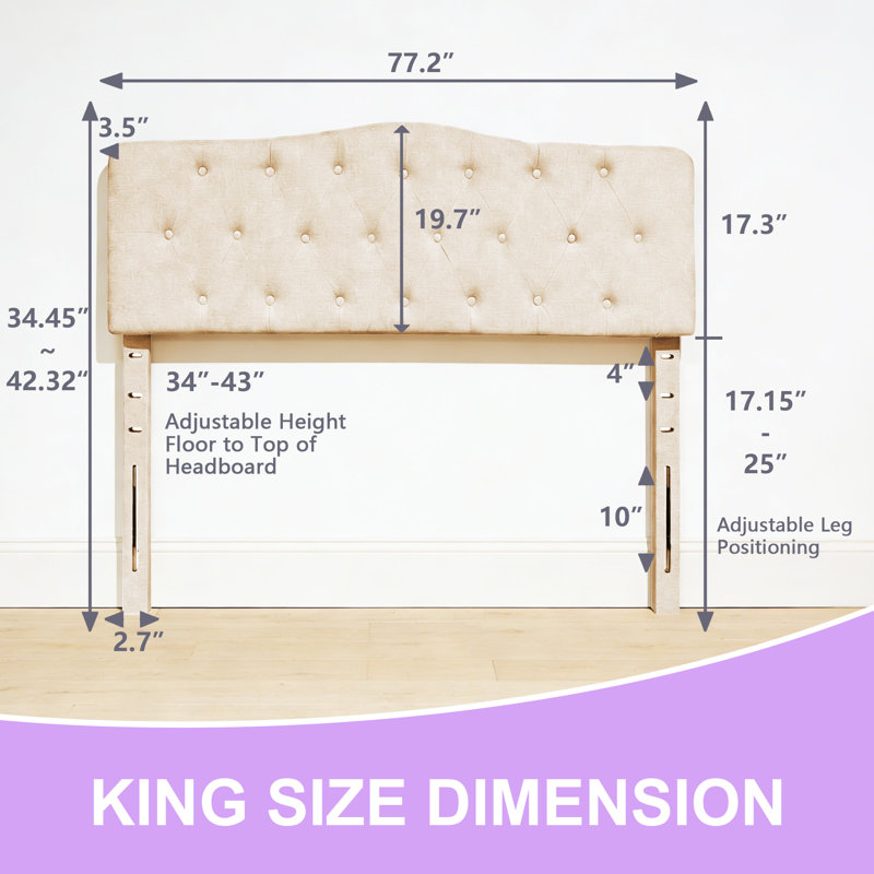 Linen Upholstered Headboard-Modern-Adjustable Height-Button Tufting, Beige, King