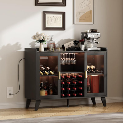 47.24'' Bar Cabinet With LED Light And 16-Grid Wine Rack, Glass Holder