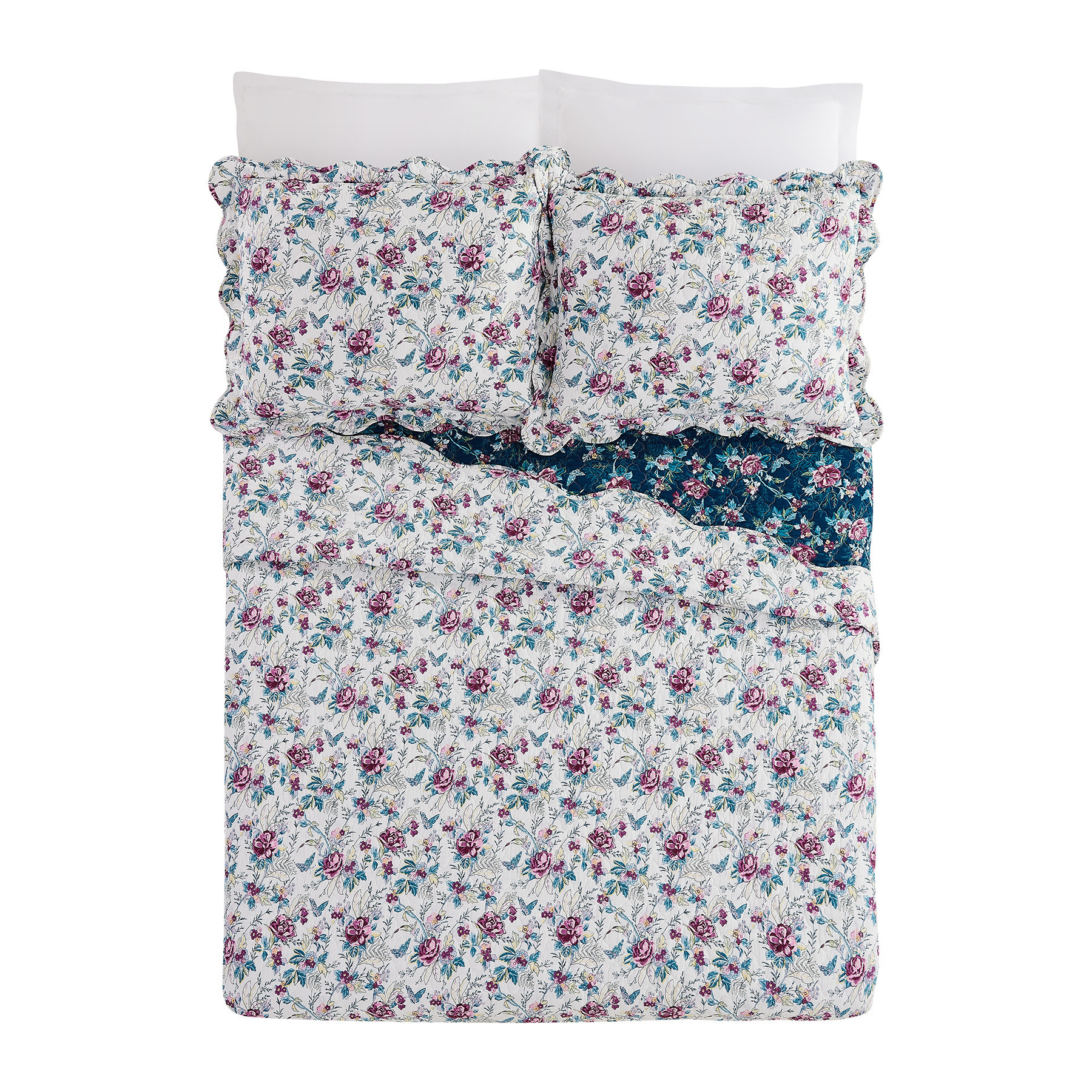 Vintage Rose Floral Cotton Quilted Scalloped 3-Piece Reversible Quilt  Bedding Set