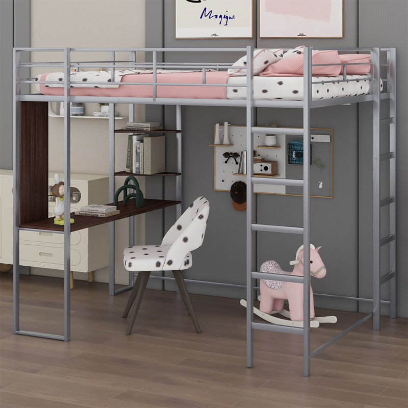 Lit mezzanine en métal avec 2 tablettes et un bureau, Full, Argent