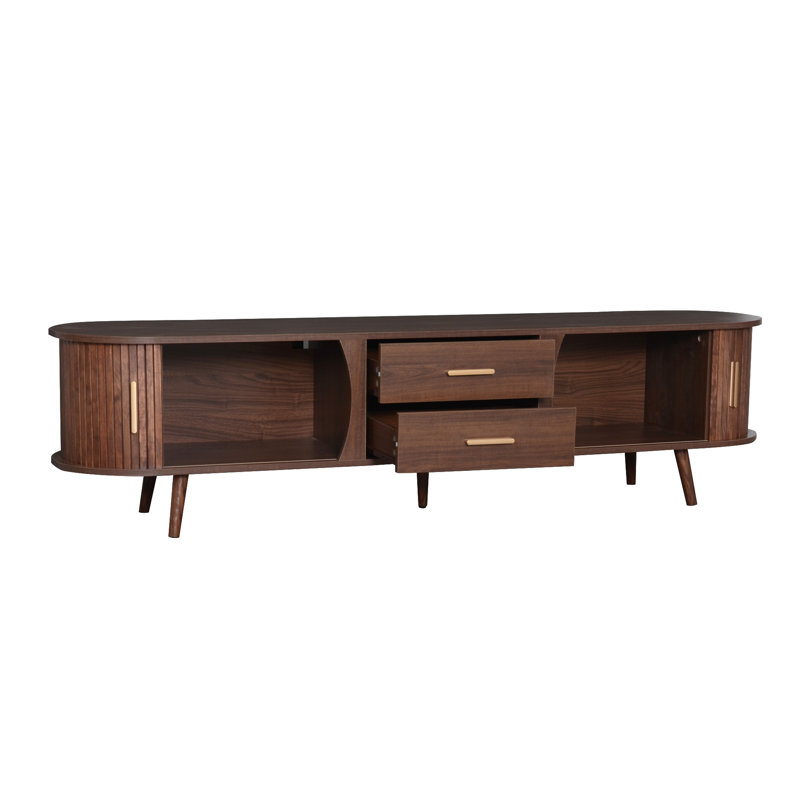 71" Mid-Century TV Stand for 80" TVs, Dark Brown Woodgrain, Sliding Doors, 2 Drawers, Solid Pine Legs