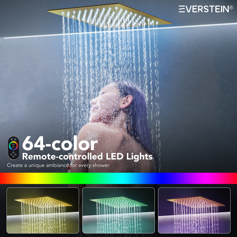 Pressure-Balanced Shower System, 12" LED Rainfall Shower Head with Slide Bar, Handheld Shower, Brushed Gold