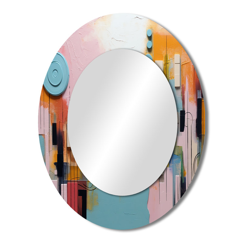 Jeu de formes colorées orange et bleu III - Miroir décoratif ovale abstrait sur métal, H 43 po x l 33 po