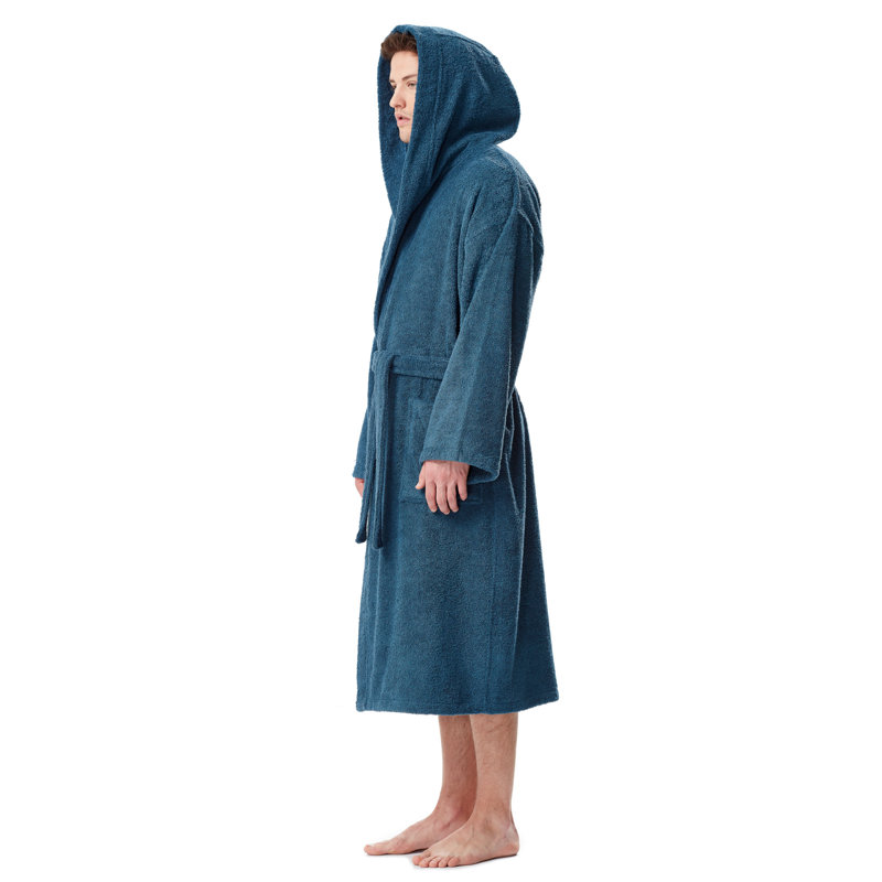 Peignoir mi-mollet 100% coton avec poches et capuche Clyda, Petit / Moyen, Bleu océan