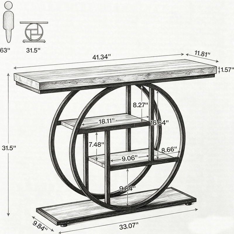 41.3" Industrial Console Table, 4-Tier Entryway Sofa Table With Circle Metal Base And Storage Shelves, Black, Rustic Brown