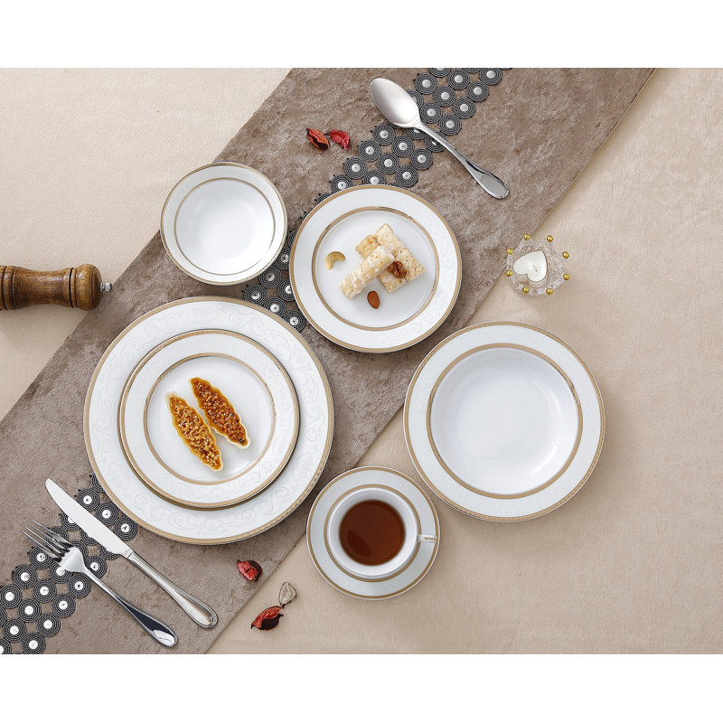 Amelia White and Gold Porcelain 24-Piece Dinnerware Set