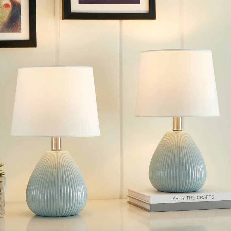 Novack 14.5" Modern Blue Ceramic Table Lamp Set with Pre-Assembled White Linen Shade, Blue