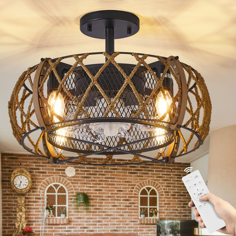 17” Cage Ceiling Fan With Light, Rustic Farmhouse Ceiling Fan With Remote Control, Low Profile Ceiling Fan Light