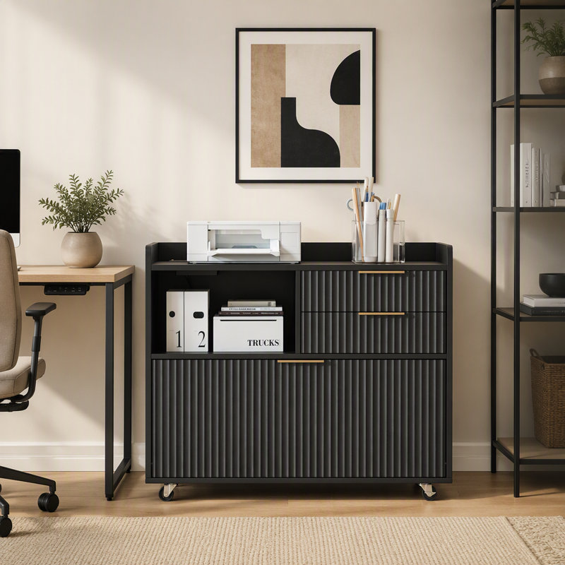 Classeur mobile avec station de charge, multi-tiroirs et rangement ouvert pour la maison et le bureau, Noir